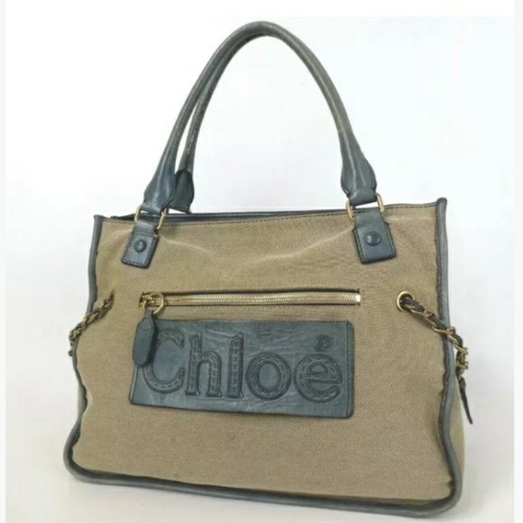 AUTHENTIC CHLOE HARLEY TOTE BAG CANVAS/BLUELEATHER - Picture 2 of 16